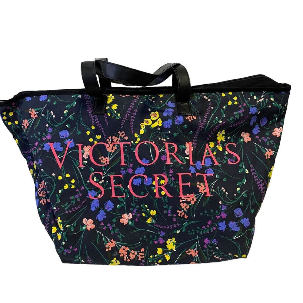 Victorias Secret Canvas Tote Weekender Carryall Bag Large Black Floral Logo Zip
